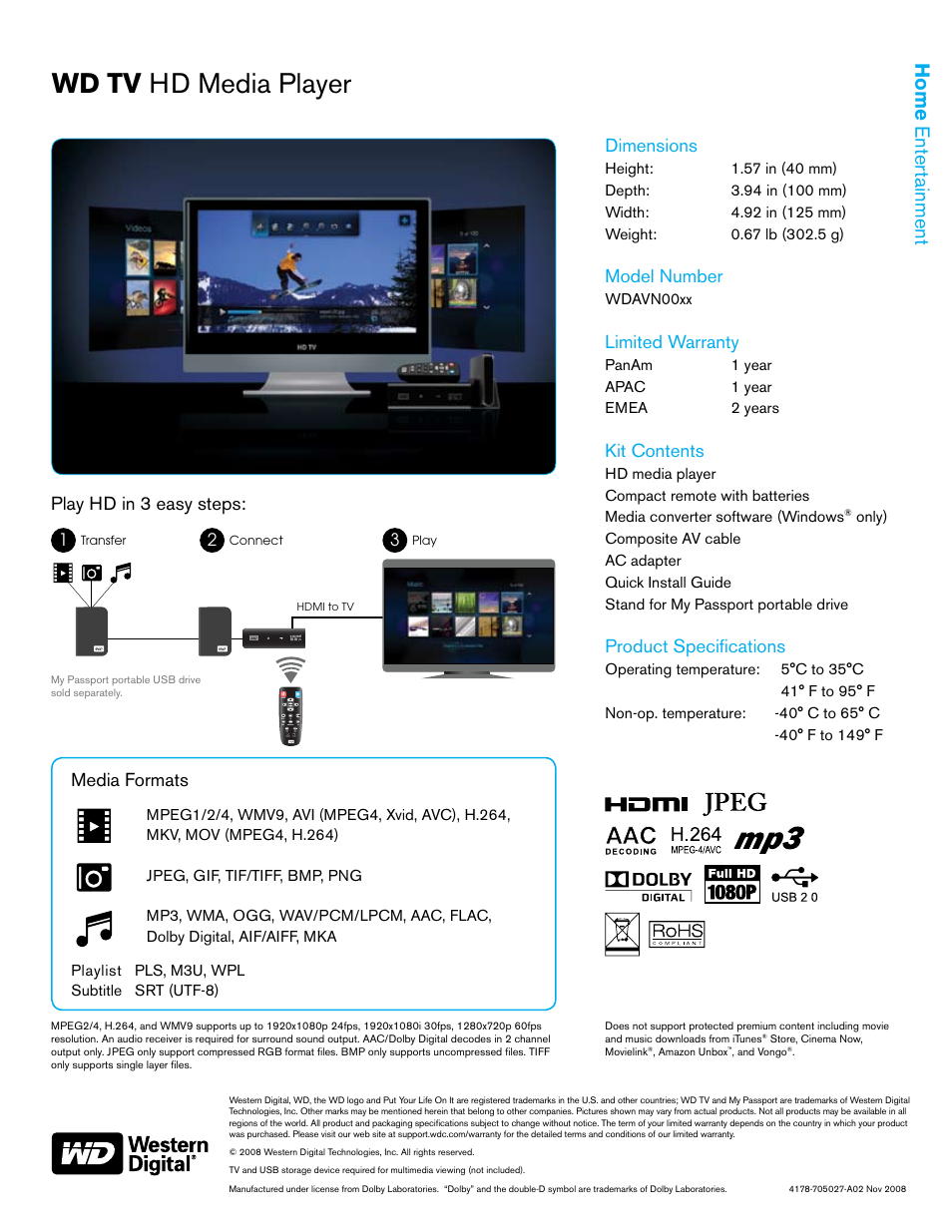 Wd tv hd media player, Home entert ainment, Dimensions | Model number, Limited warranty, Kit contents, Product specifications, Play hd in 3 easy steps, Media formats | Western Digital WD TV WDAVN00xx User Manual | Page 2 / 2