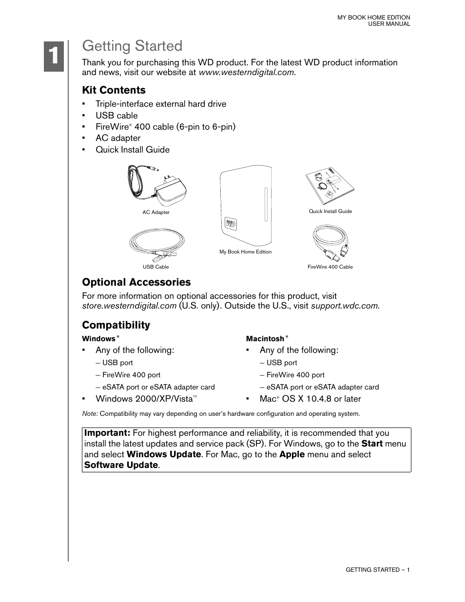 Getting started, Kit contents, Optional accessories | Compatibility, Windows, Macintosh | Western Digital My Book Home Edition User Manual | Page 2 / 10