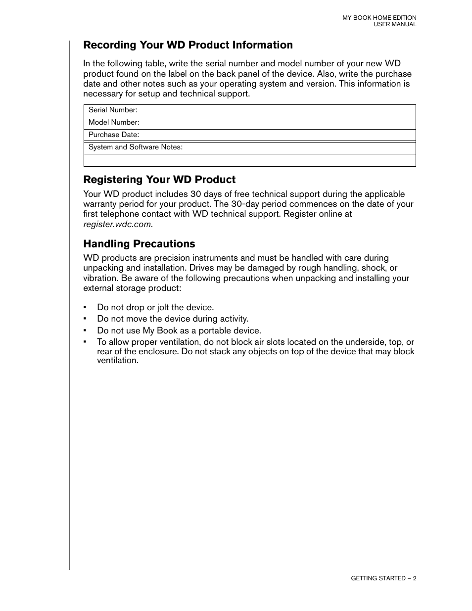 Registering your wd product, Handling precautions, Recording your wd product information | Western Digital My Book Home Edition User Manual | Page 3 / 10