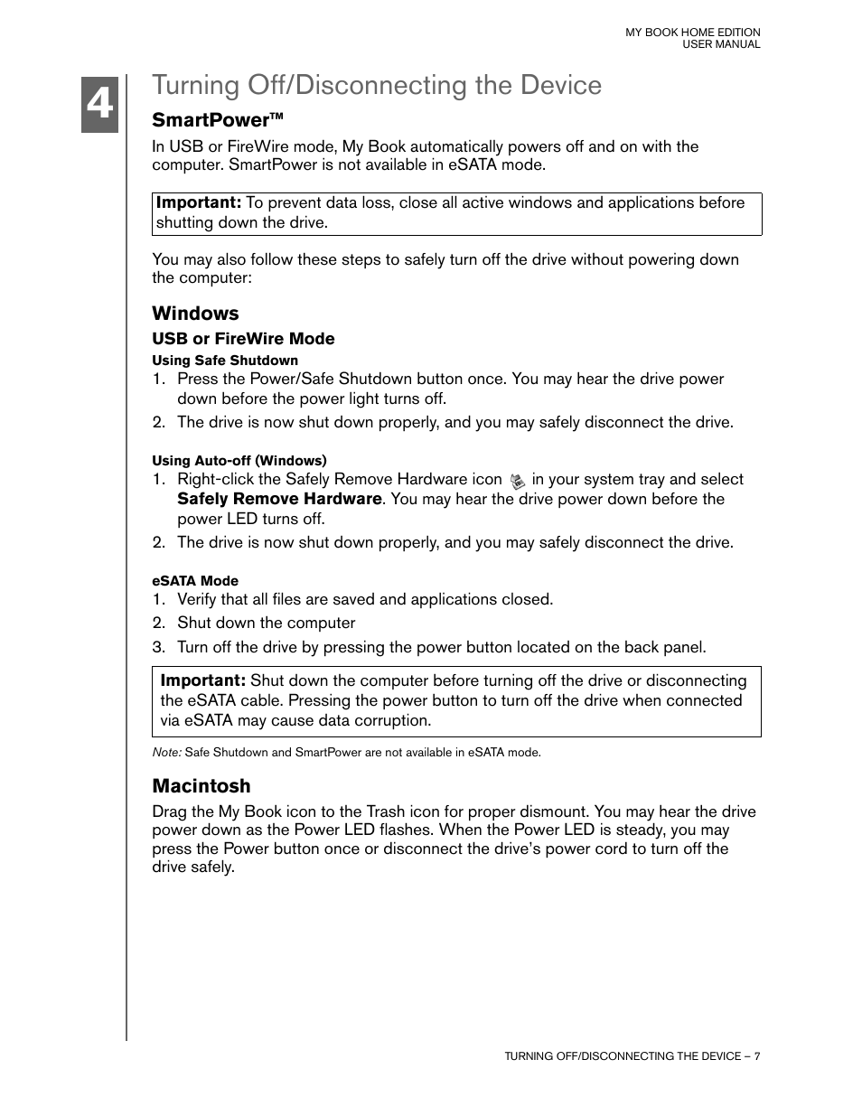 Turning off/disconnecting the device, Smartpower, Windows | Usb or firewire mode, Using safe shutdown, Using auto-off (windows), Esata mode, Macintosh | Western Digital My Book Home Edition User Manual | Page 8 / 10