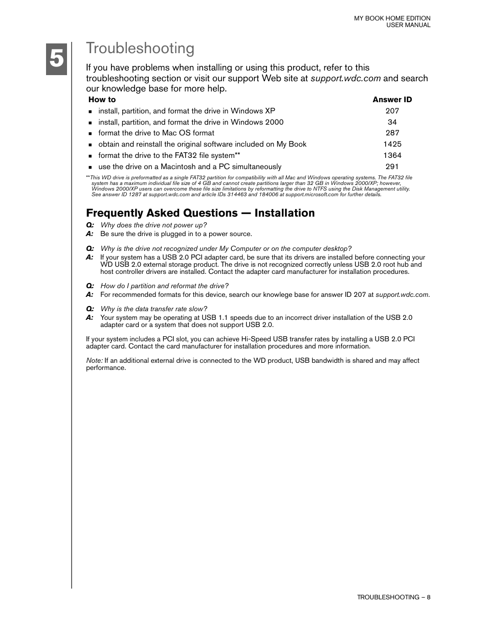 Troubleshooting, How to, Answer id | Frequently asked questions — installation | Western Digital My Book Home Edition User Manual | Page 9 / 10