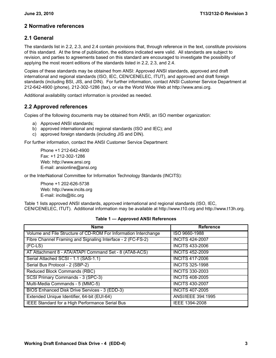 2 normative references, 1 general, 2 approved references | Table 1 - approved ansi references, 1 general 2.2 approved references | Western Digital T13/2132-D User Manual | Page 15 / 86