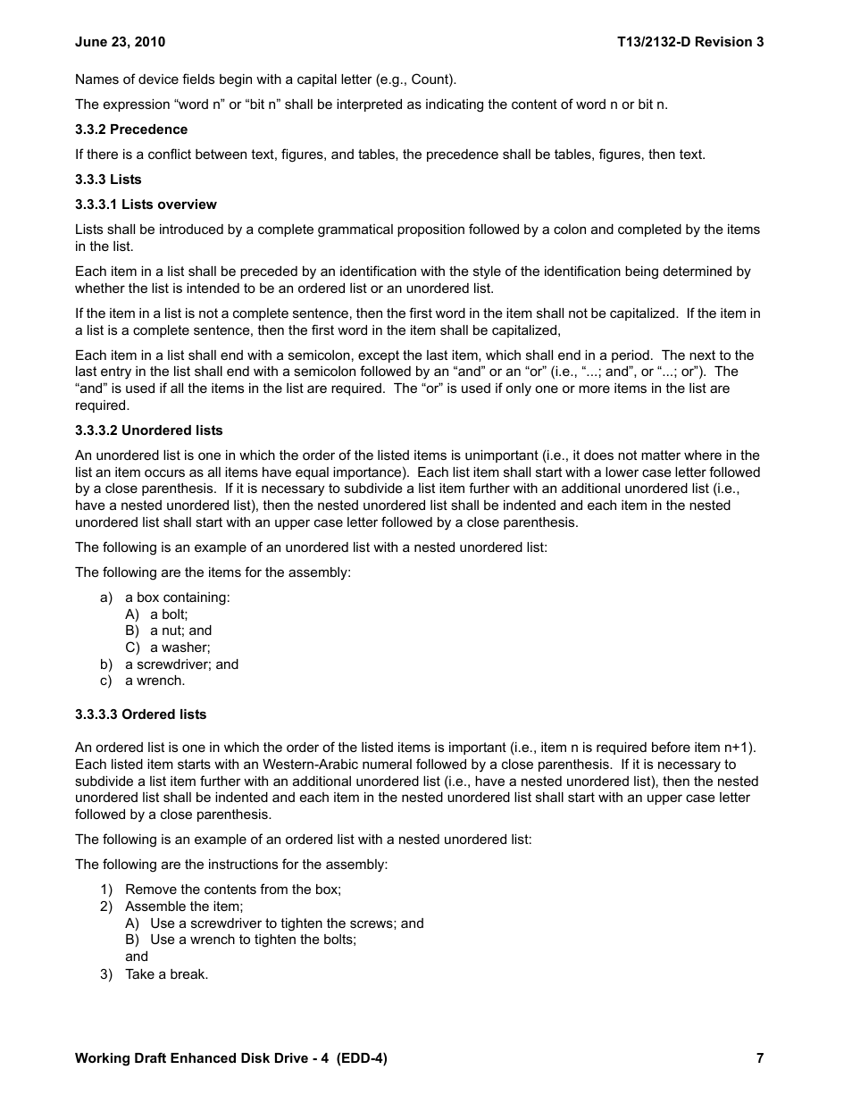 2 precedence, 3 lists, 1 lists overview | 2 unordered lists, 3 ordered lists, 2 precedence 3.3.3 lists | Western Digital T13/2132-D User Manual | Page 19 / 86