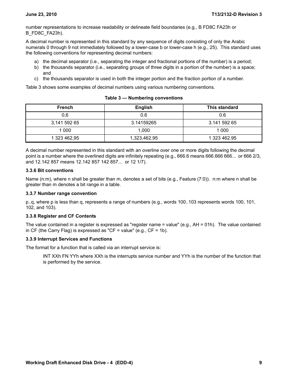 Table 3 - numbering conventions, 6 bit conventions, 7 number range convention | 8 register and cf contents, 9 interrupt services and functions | Western Digital T13/2132-D User Manual | Page 21 / 86