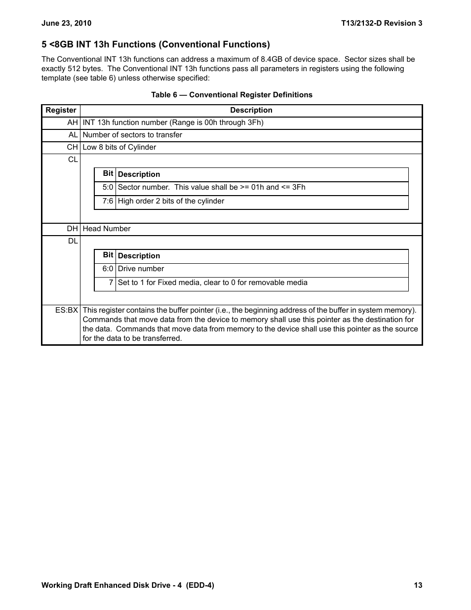 5 <8gb int 13h functions (conventional functions), Table 6 - conventional register definitions | Western Digital T13/2132-D User Manual | Page 25 / 86