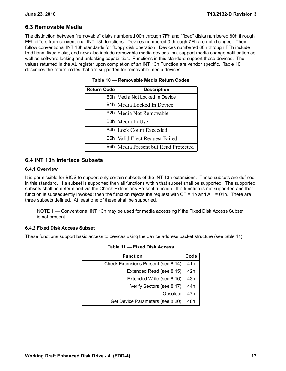 3 removable media, Table 10 - removable media return codes, 4 int 13h interface subsets | 1 overview, 2 fixed disk access subset, Table 11 - fixed disk access, 1 overview 6.4.2 fixed disk access subset | Western Digital T13/2132-D User Manual | Page 29 / 86