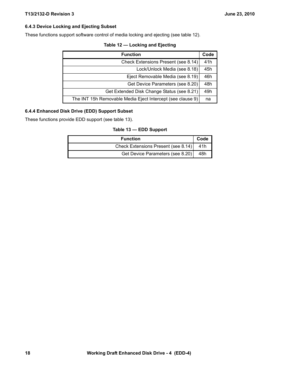 3 device locking and ejecting subset, Table 12 - locking and ejecting, 4 enhanced disk drive (edd) support subset | Table 13 - edd support | Western Digital T13/2132-D User Manual | Page 30 / 86