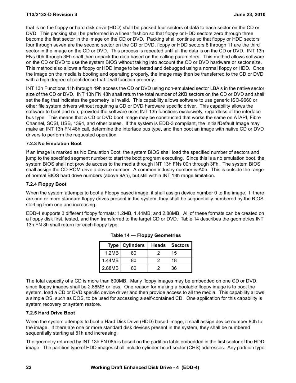3 no emulation boot, 4 floppy boot, Table 14 - floppy geometries | 5 hard drive boot | Western Digital T13/2132-D User Manual | Page 34 / 86