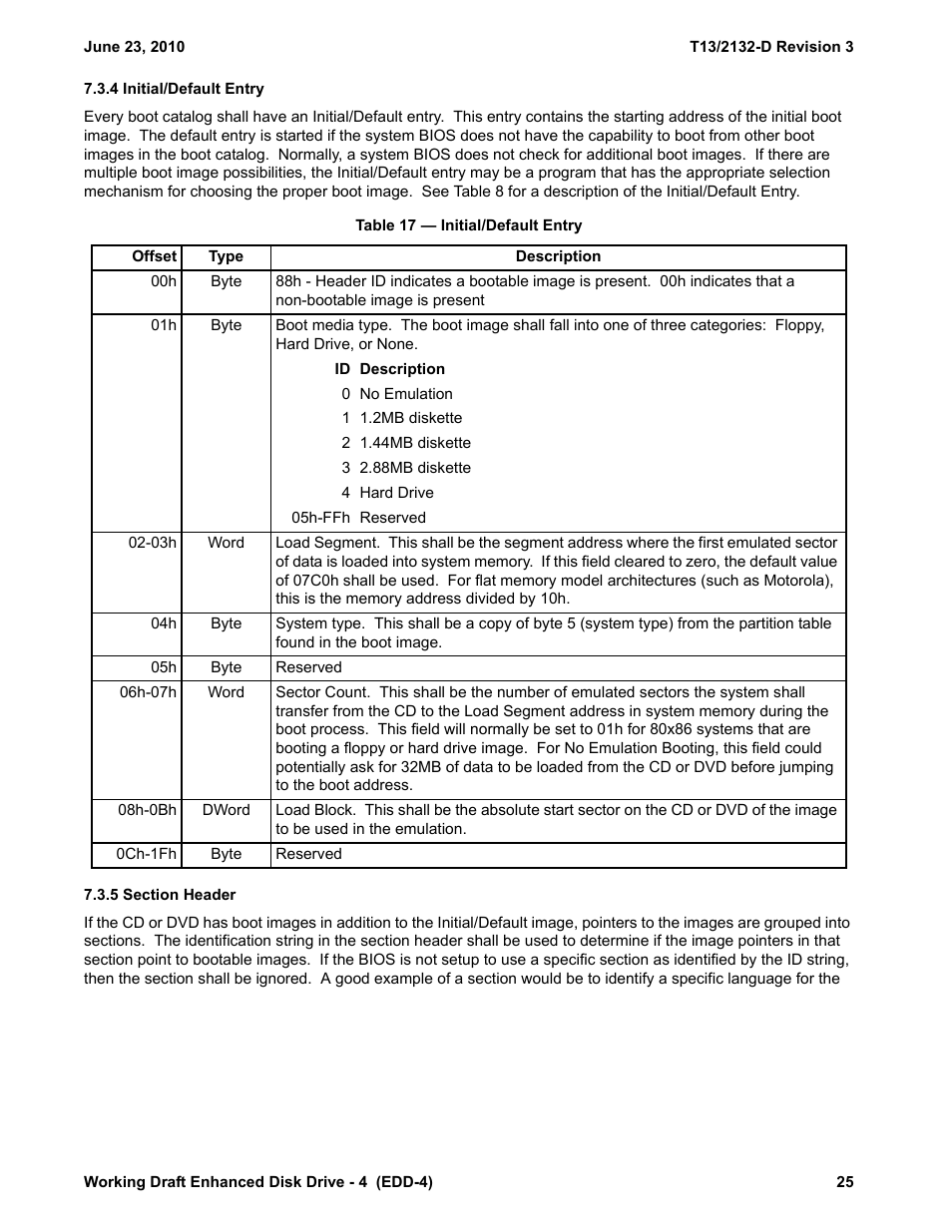 4 initial/default entry, Table 17 - initial/default entry, 5 section header | 4 initial/default entry 7.3.5 section header | Western Digital T13/2132-D User Manual | Page 37 / 86