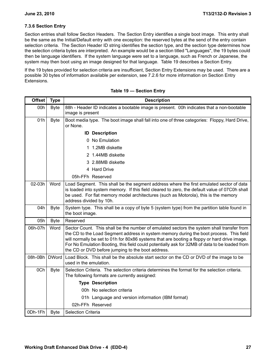 6 section entry, Table 19 - section entry | Western Digital T13/2132-D User Manual | Page 39 / 86