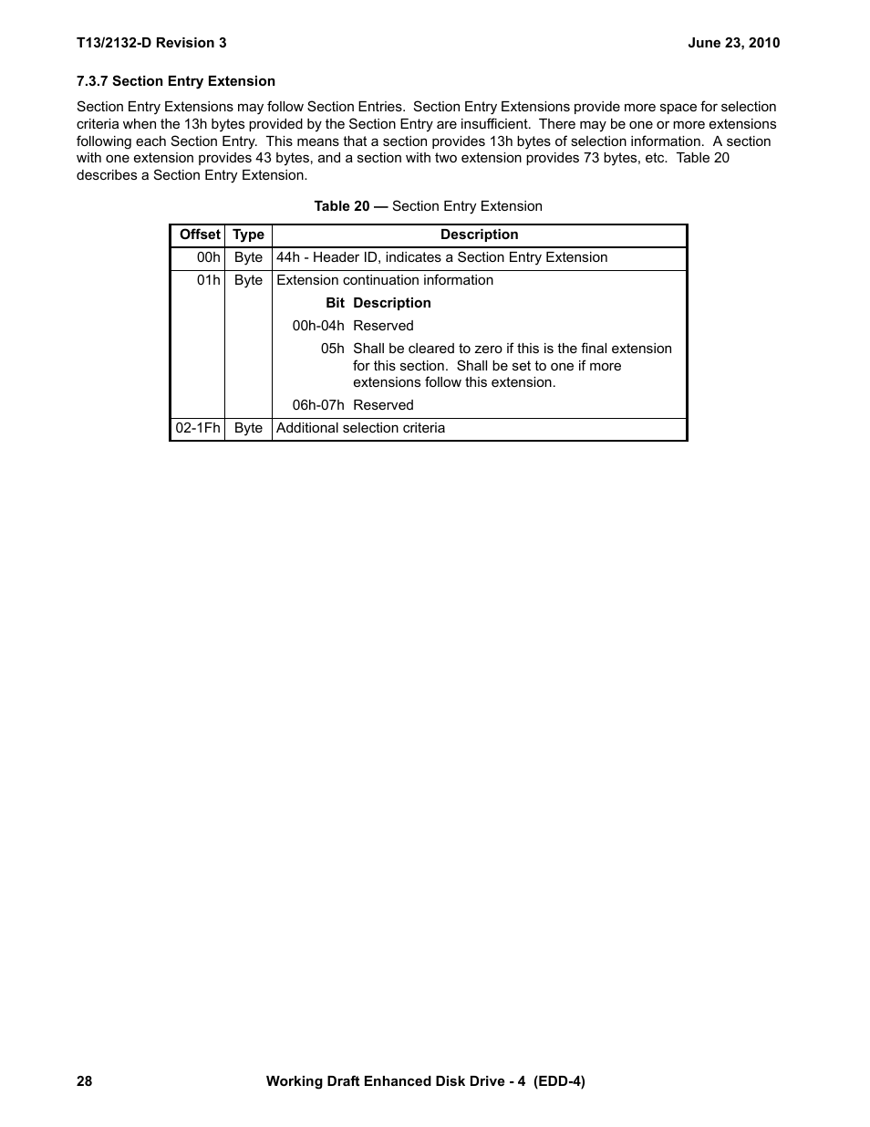 7 section entry extension, Table 20 - section entry extension | Western Digital T13/2132-D User Manual | Page 40 / 86