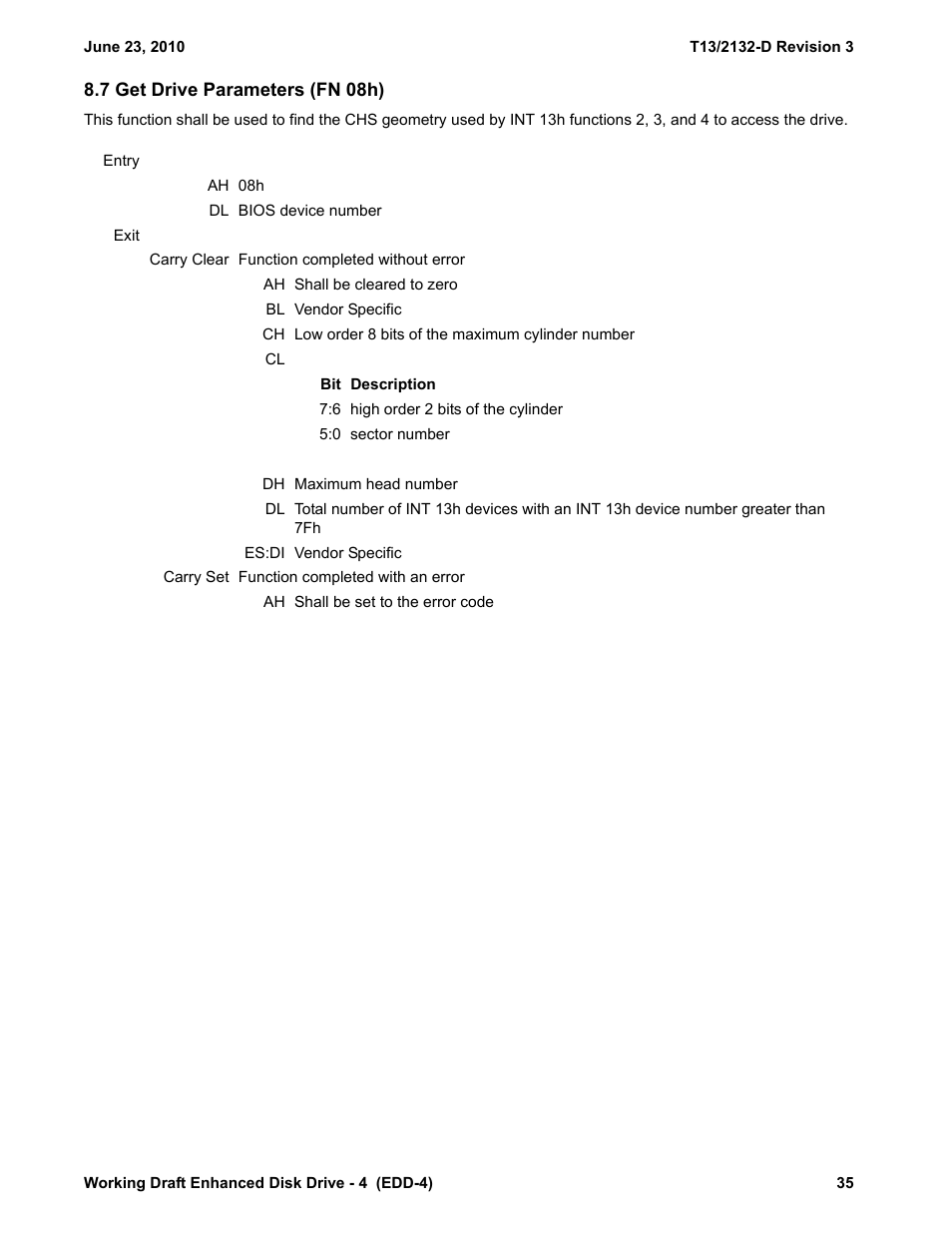 7 get drive parameters (fn 08h), Ters (see 8.7) | Western Digital T13/2132-D User Manual | Page 47 / 86