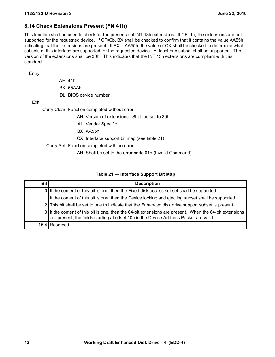 14 check extensions present (fn 41h), Table 21 - interface support bit map, T (see 8.14) | See 8.14), Esent (see 8.14) | Western Digital T13/2132-D User Manual | Page 54 / 86