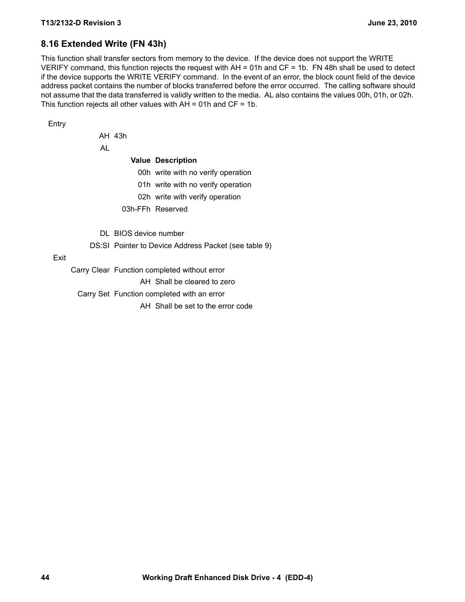 16 extended write (fn 43h), See 8.16), E (see 8.16) | Western Digital T13/2132-D User Manual | Page 56 / 86