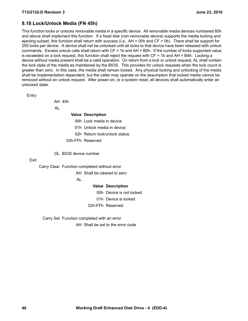 18 lock/unlock media (fn 45h), See 8.18) | Western Digital T13/2132-D User Manual | Page 58 / 86