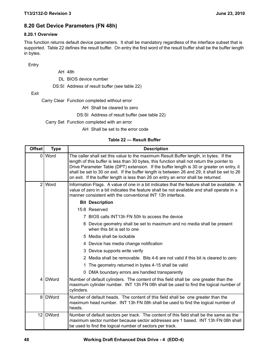 20 get device parameters (fn 48h), 1 overview, Table 22 - result buffer | See 8.20), Rs (see 8.20) | Western Digital T13/2132-D User Manual | Page 60 / 86