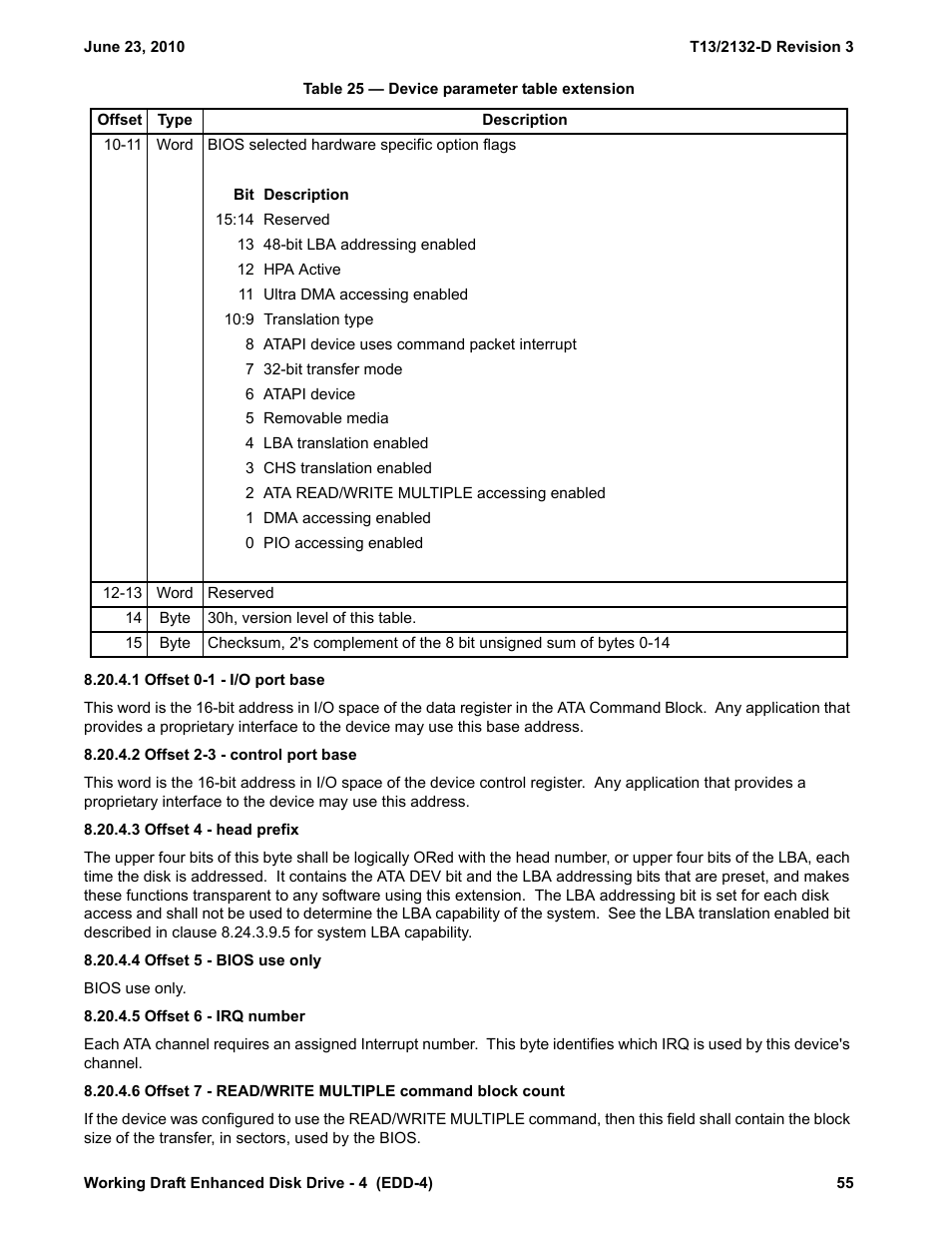 1 offset 0-1 - i/o port base, 2 offset 2-3 - control port base, 3 offset 4 - head prefix | 4 offset 5 - bios use only, 5 offset 6 - irq number | Western Digital T13/2132-D User Manual | Page 67 / 86