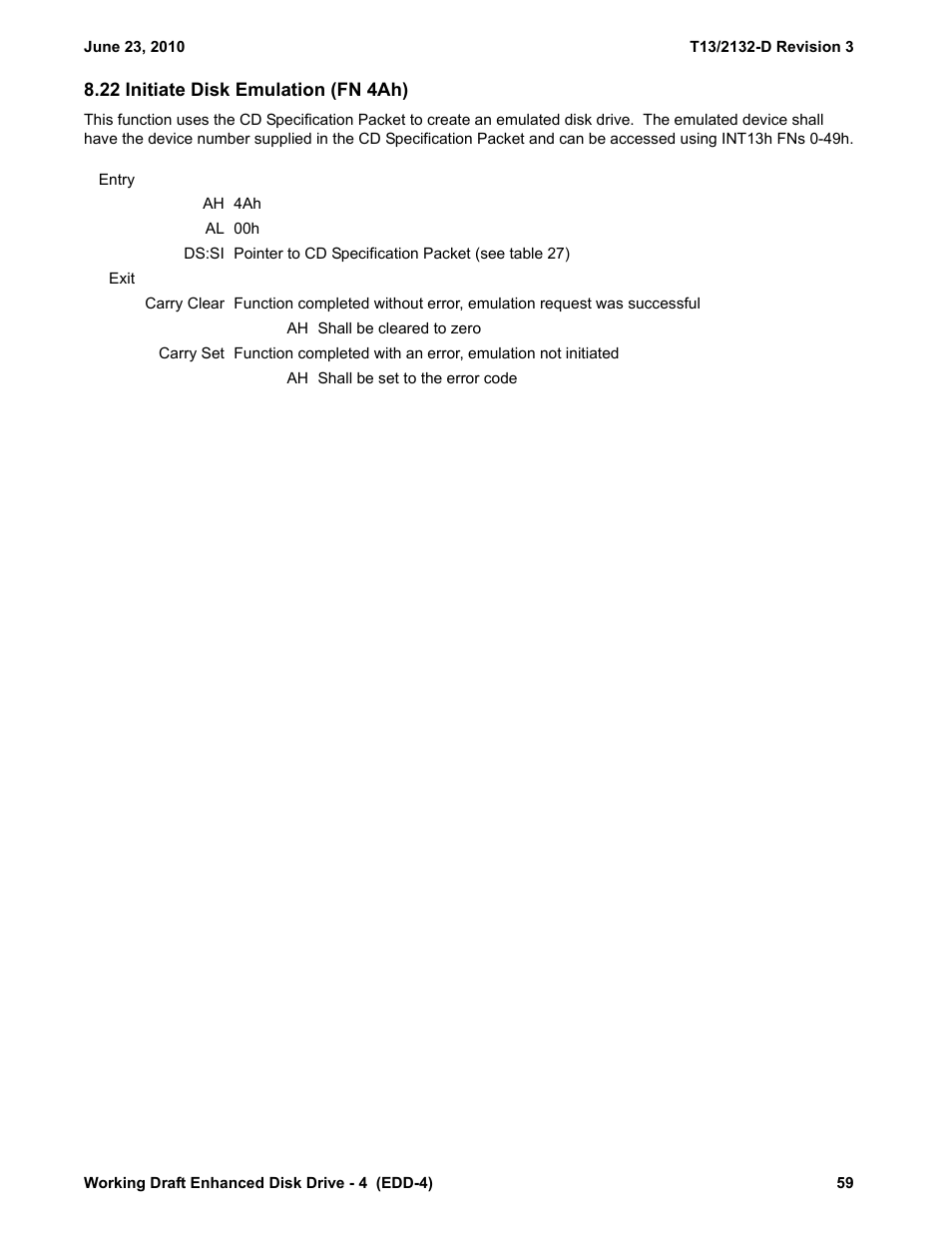 22 initiate disk emulation (fn 4ah) | Western Digital T13/2132-D User Manual | Page 71 / 86