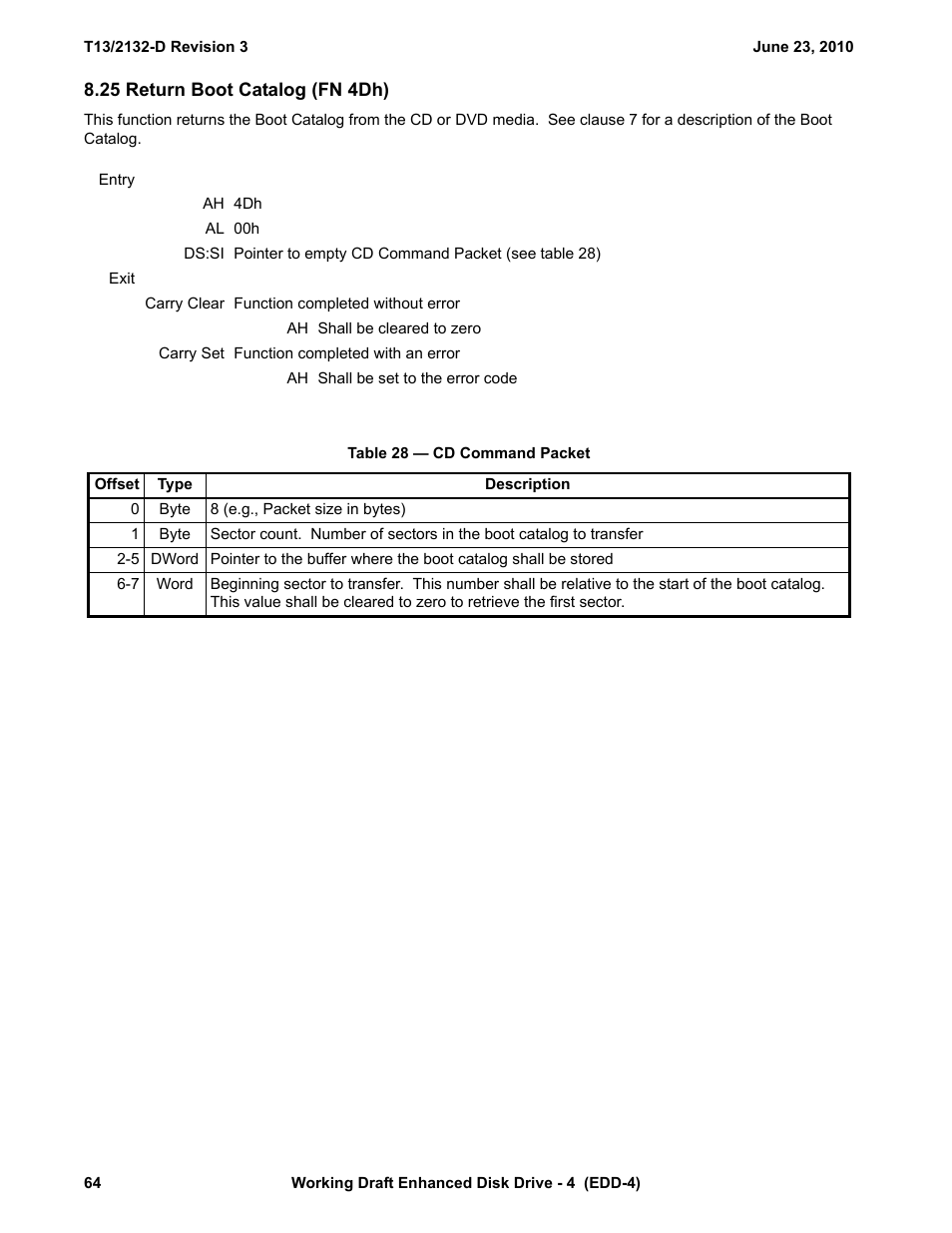 25 return boot catalog (fn 4dh), Table 28 - cd command packet | Western Digital T13/2132-D User Manual | Page 76 / 86
