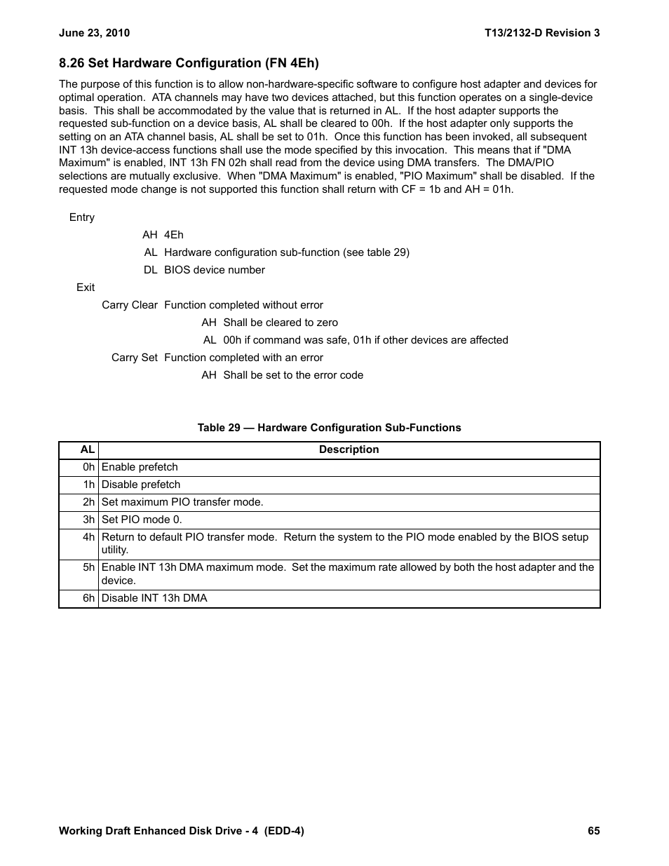26 set hardware configuration (fn 4eh), Table 29 - hardware configuration sub-functions, See 8.26) | Western Digital T13/2132-D User Manual | Page 77 / 86