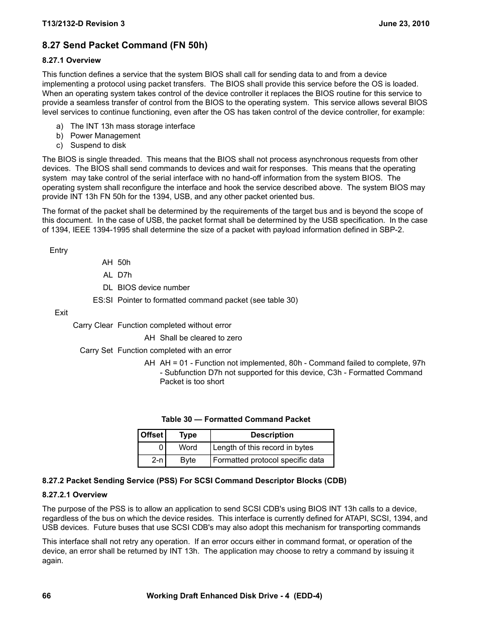 27 send packet command (fn 50h), 1 overview, Table 30 - formatted command packet | See 8.27) | Western Digital T13/2132-D User Manual | Page 78 / 86