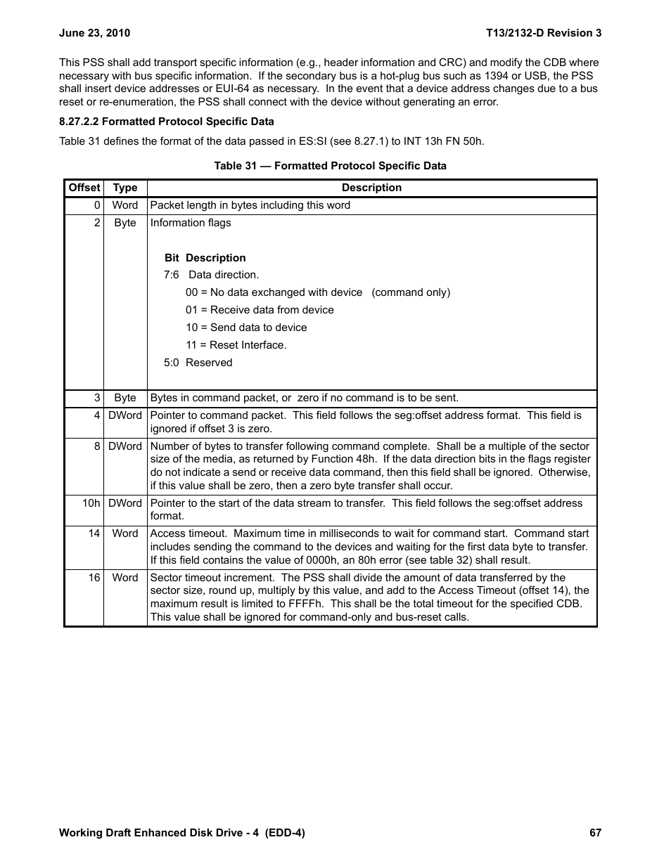 2 formatted protocol specific data, Table 31 - formatted protocol specific data | Western Digital T13/2132-D User Manual | Page 79 / 86