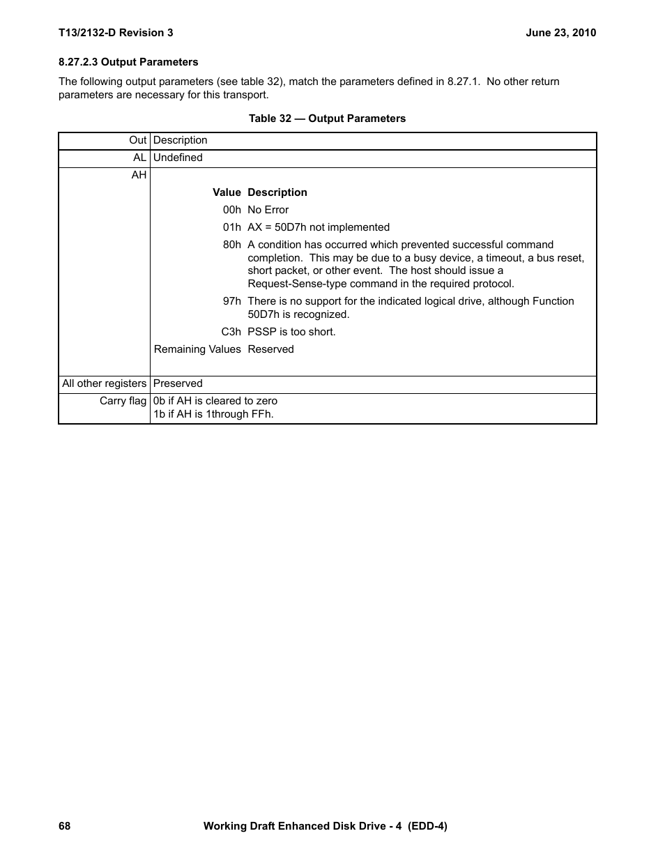 3 output parameters, Table 32 - output parameters | Western Digital T13/2132-D User Manual | Page 80 / 86