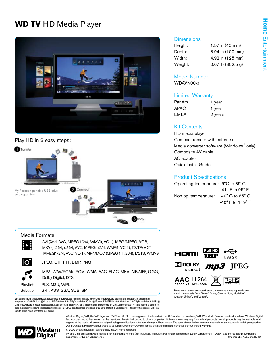 Wd tv hd media player, Home entert ainment, Dimensions | Model number, Limited warranty, Kit contents, Product specifications, Play hd in 3 easy steps, Media formats | Western Digital WD TV WDAVN00 User Manual | Page 2 / 2