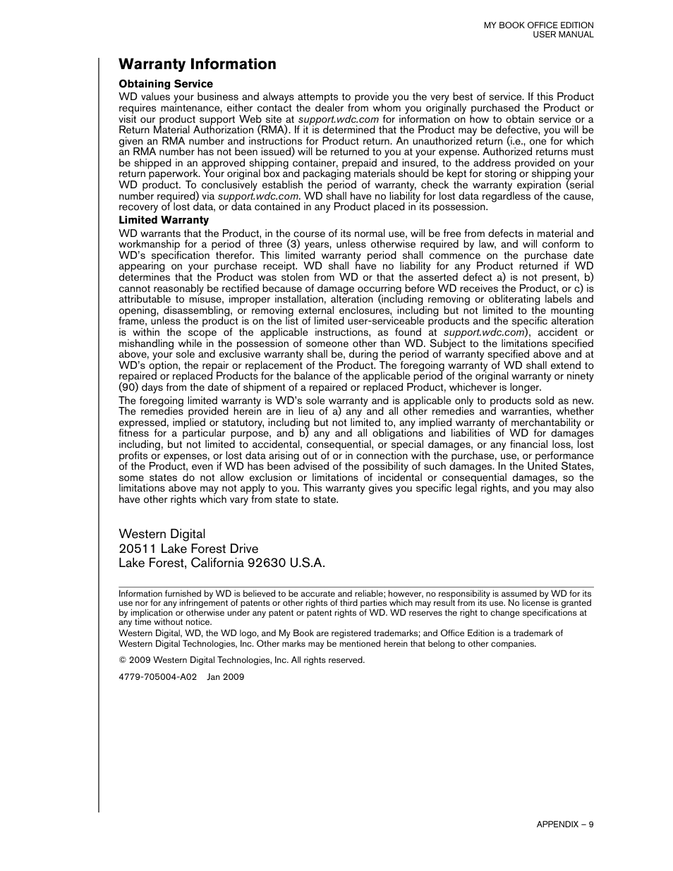 Warranty information, Obtaining service, Limited warranty | Western Digital My Book Office Edition User Manual | Page 11 / 11