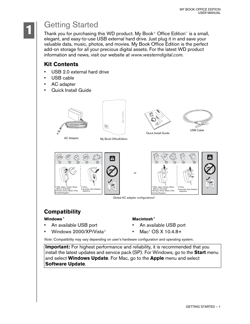 Getting started, Kit contents, Compatibility | Windows, Macintosh, Office edition | Western Digital My Book Office Edition User Manual | Page 3 / 11