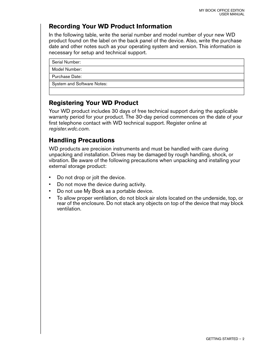 Recording your wd product information, Registering your wd product, Handling precautions | Western Digital My Book Office Edition User Manual | Page 4 / 11