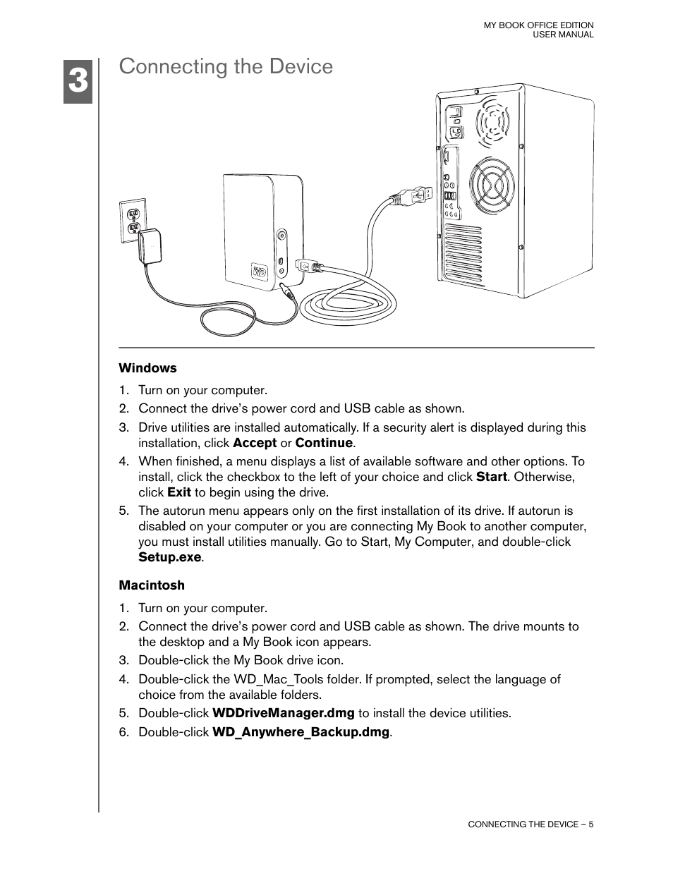 Connecting the device, Windows, Macintosh | Western Digital My Book Office Edition User Manual | Page 7 / 11