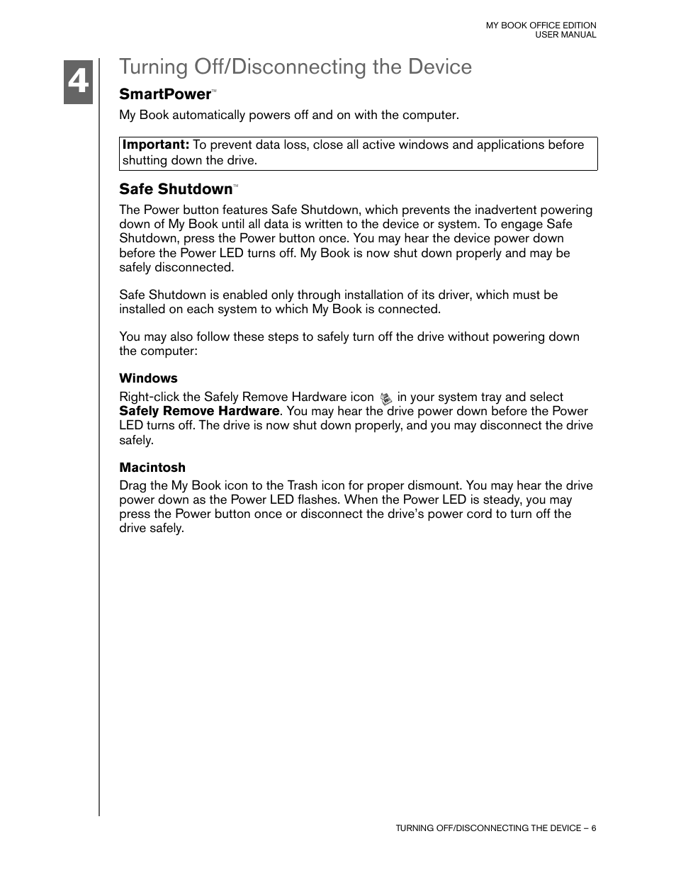 Turning off/disconnecting the device, Smartpower, Safe shutdown | Windows, Macintosh | Western Digital My Book Office Edition User Manual | Page 8 / 11