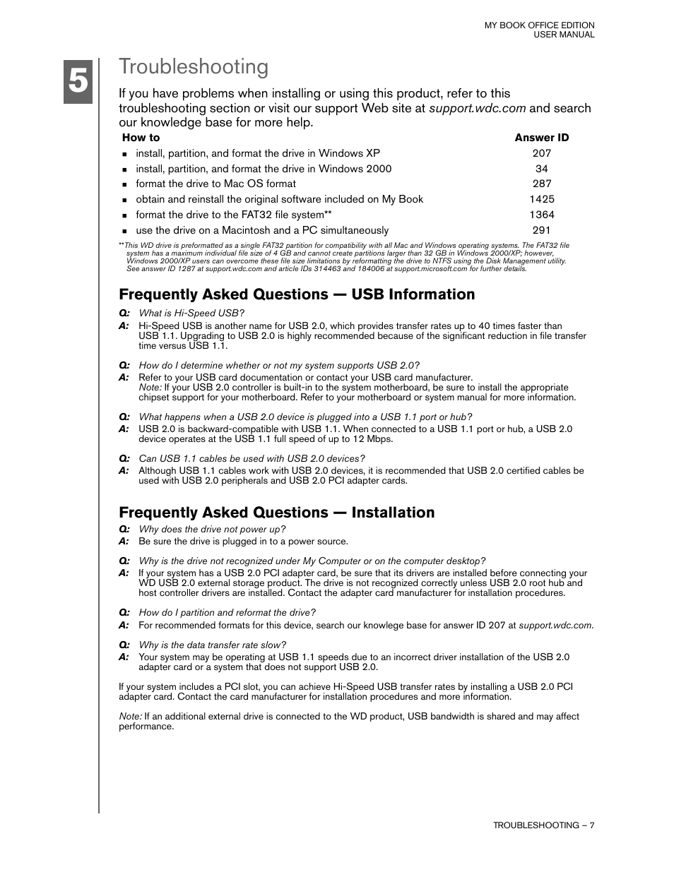 Troubleshooting, How to, Answer id | Frequently asked questions — usb information, Frequently asked questions — installation | Western Digital My Book Office Edition User Manual | Page 9 / 11