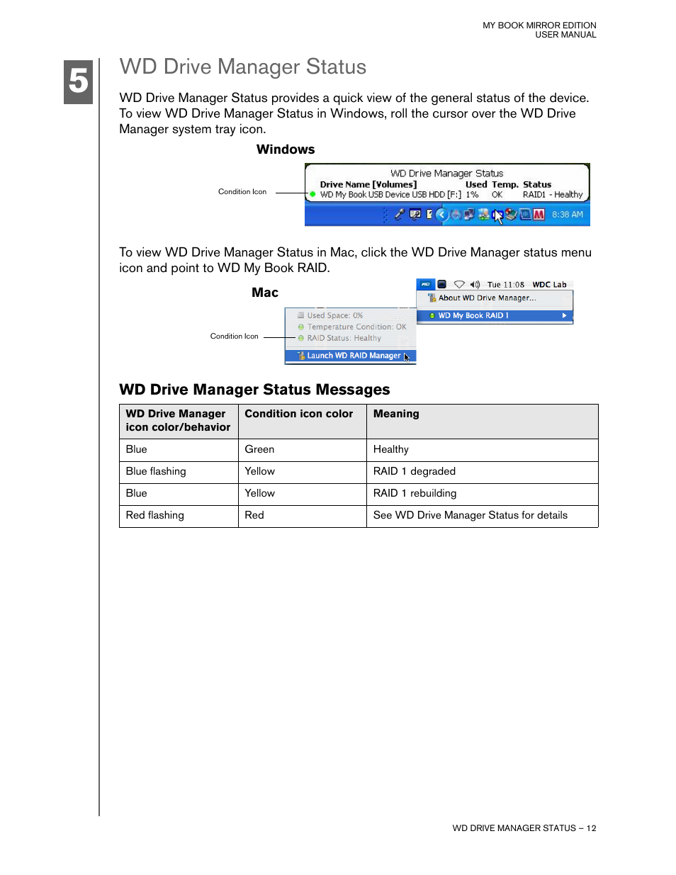 Wd drive manager status, Wd drive manager status messages | Western Digital My Book Mirror Edition User Manual | Page 15 / 31