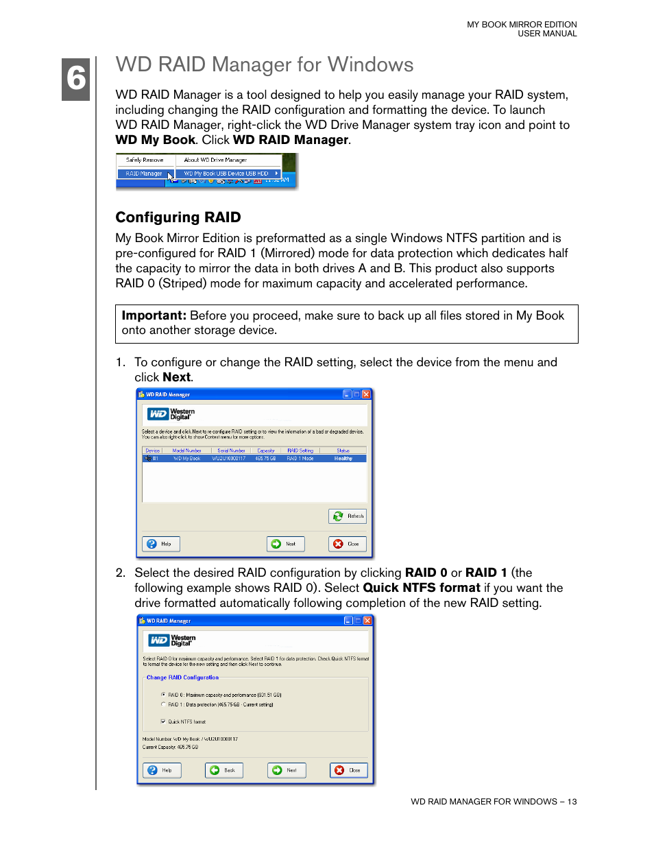 Wd raid manager for windows, Configuring raid | Western Digital My Book Mirror Edition User Manual | Page 16 / 31