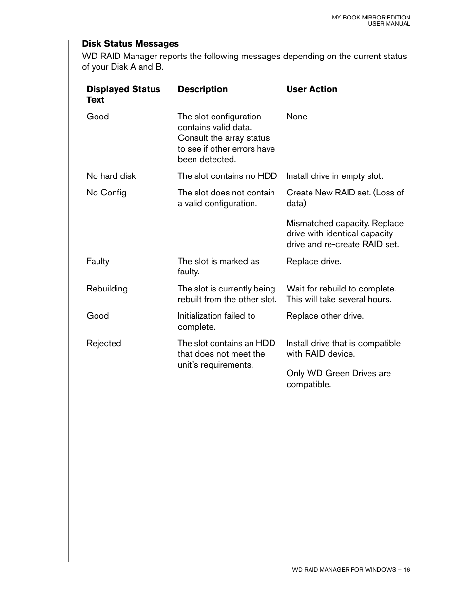 Disk status messages | Western Digital My Book Mirror Edition User Manual | Page 19 / 31