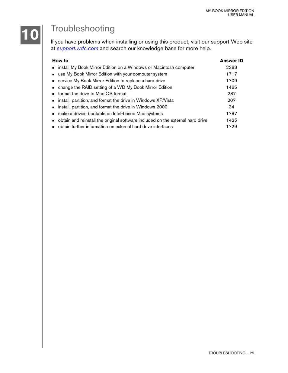 Troubleshooting, How to, Answer id | Western Digital My Book Mirror Edition User Manual | Page 28 / 31