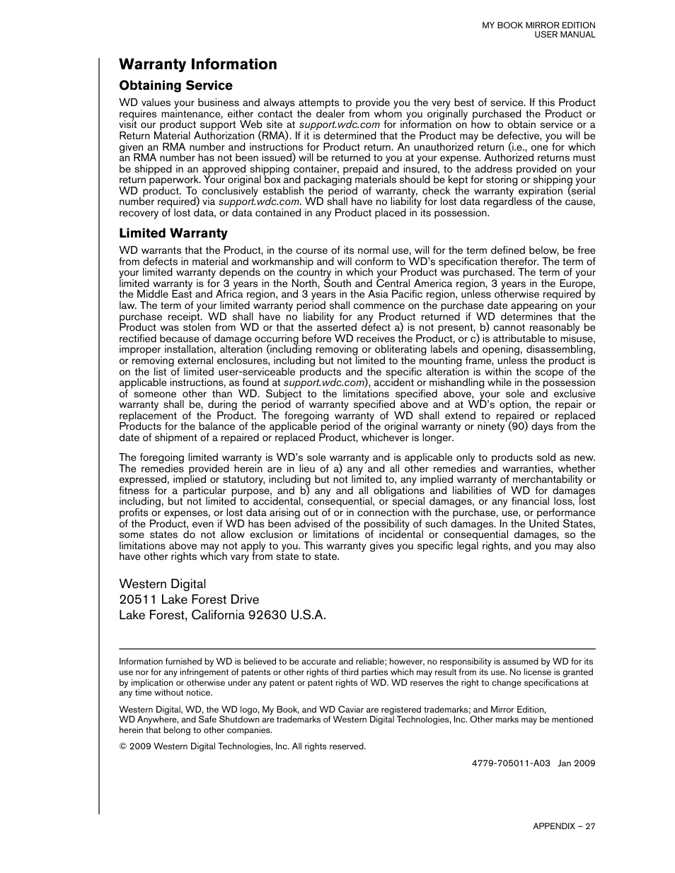 Warranty information, Obtaining service, Limited warranty | Western Digital My Book Mirror Edition User Manual | Page 30 / 31