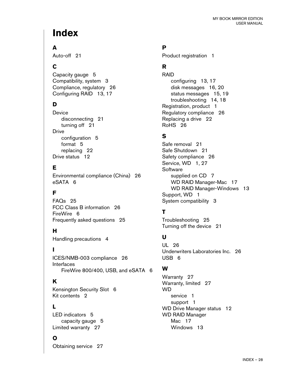 Index | Western Digital My Book Mirror Edition User Manual | Page 31 / 31