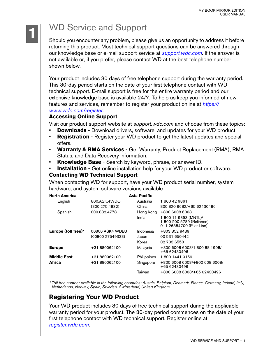 Wd service and support, Accessing online support, Contacting wd technical support | Registering your wd product | Western Digital My Book Mirror Edition User Manual | Page 4 / 31