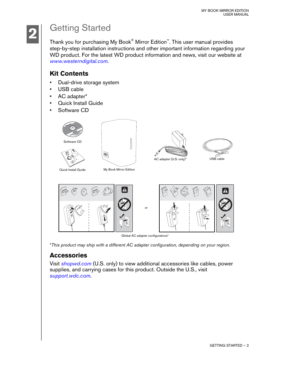 Getting started, Kit contents, Accessories | Optional accessories | Western Digital My Book Mirror Edition User Manual | Page 5 / 31
