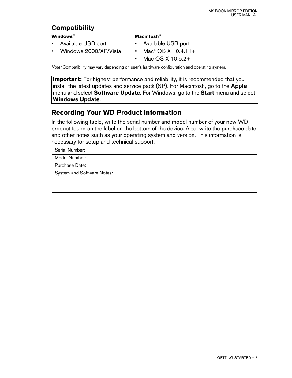 Compatibility, Windows, Macintosh | Recording your wd product information | Western Digital My Book Mirror Edition User Manual | Page 6 / 31