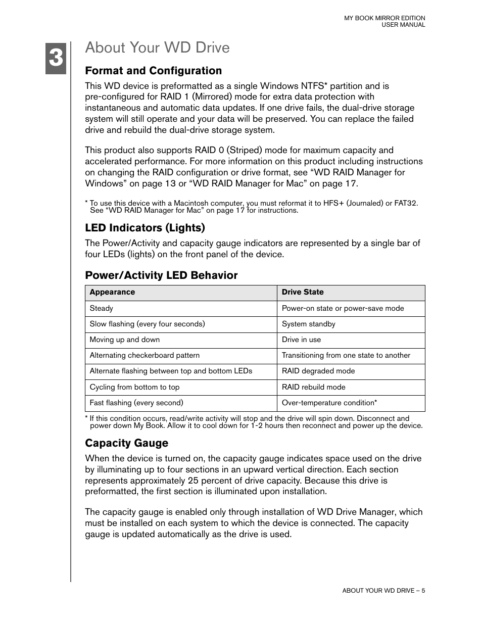 About your wd drive, Format and configuration, Led indicators (lights) | Power/activity led behavior, Capacity gauge | Western Digital My Book Mirror Edition User Manual | Page 8 / 31