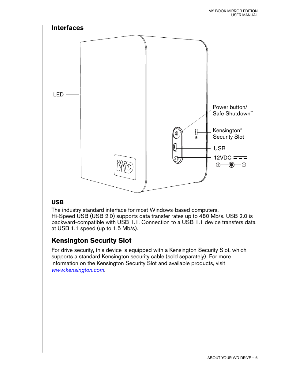 Kensington security slot, Interfaces | Western Digital My Book Mirror Edition User Manual | Page 9 / 31