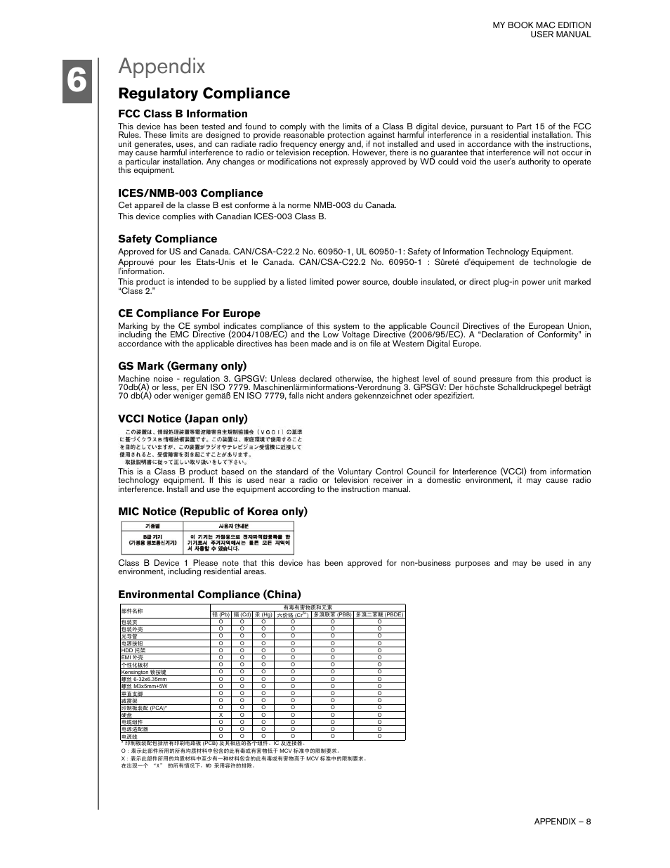 Appendix, Regulatory compliance, Fcc class b information | Ices/nmb-003 compliance, Safety compliance, Ce compliance for europe, Gs mark (germany only), Vcci notice (japan only), Mic notice (republic of korea only), Environmental compliance (china) | Western Digital My Book Mac Edition User Manual | Page 10 / 11