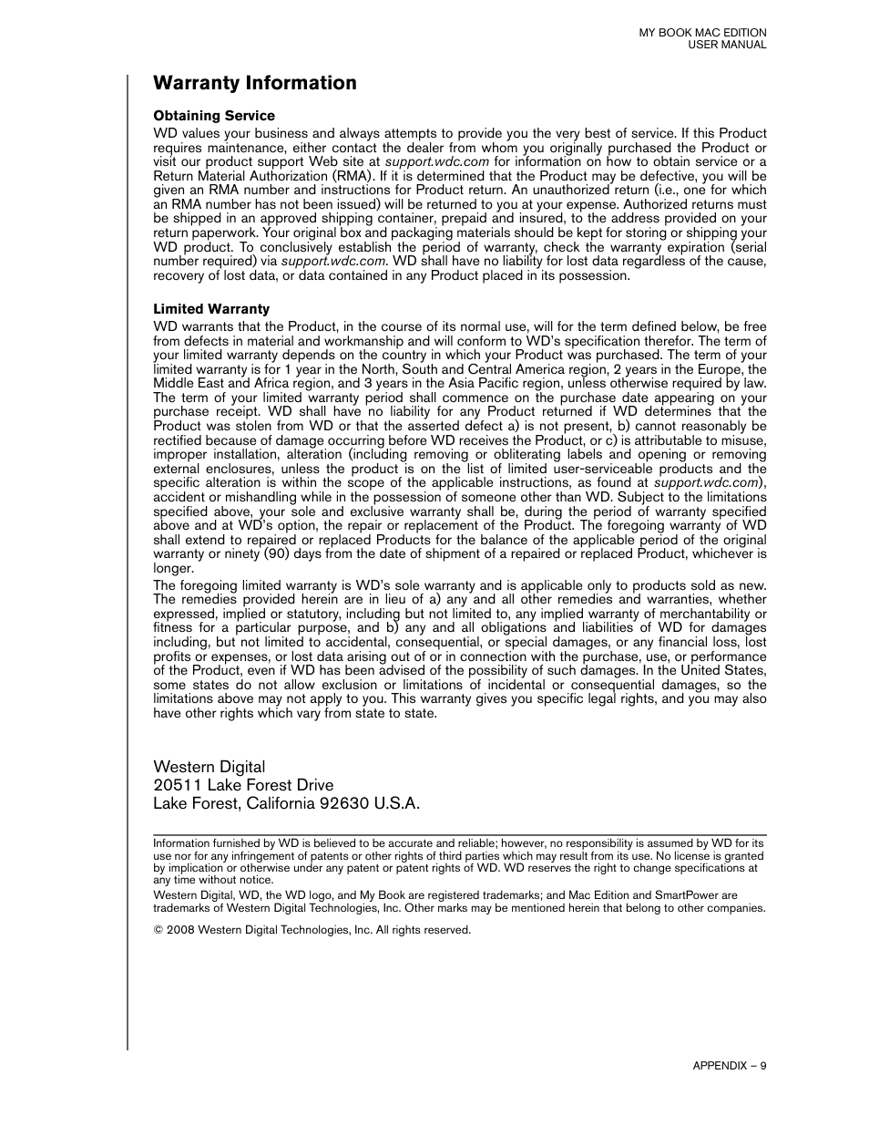 Obtaining service, Limited warranty, Warranty information | Western Digital My Book Mac Edition User Manual | Page 11 / 11
