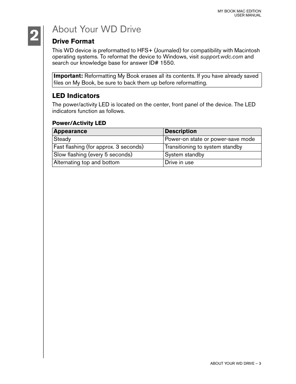 About your wd drive, Drive format, Led indicators | Power/activity led | Western Digital My Book Mac Edition User Manual | Page 5 / 11