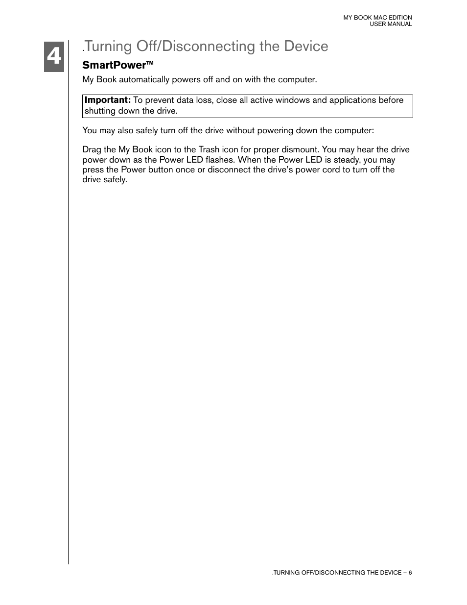 Turning off/disconnecting the device, Smartpower | Western Digital My Book Mac Edition User Manual | Page 8 / 11