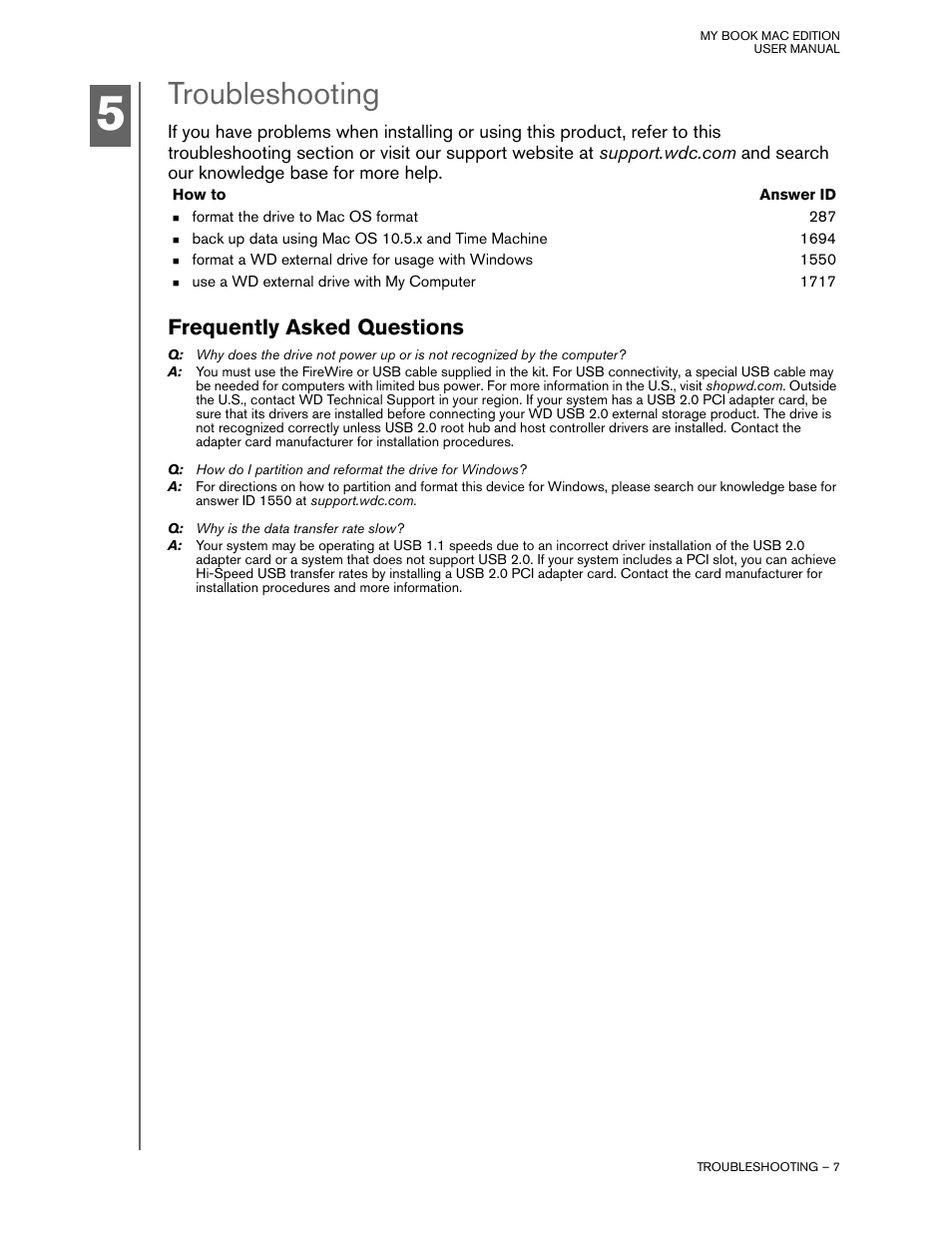 Troubleshooting, How to, Answer id | Frequently asked questions | Western Digital My Book Mac Edition User Manual | Page 9 / 11